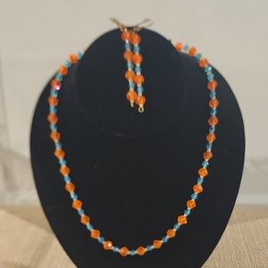 Hand Crafted Orange and Blue Beaded Necklace